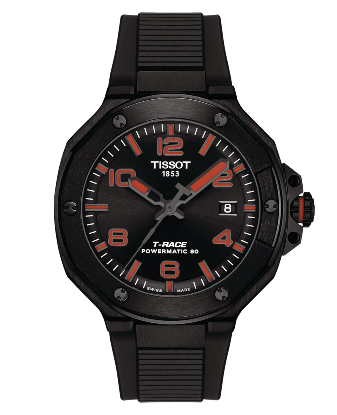 Tissot Tissot T-Race Powermatic 80 T141.807.37.057.00 T Race T1418073705700 механические мужские часы черный циферблат, браслет силикон — вид спереди